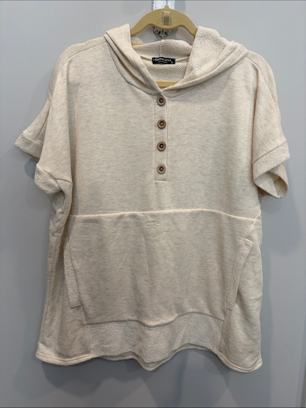HEIMISH USA Cream Short-Sleeve Hooded Pullover with Button Placket